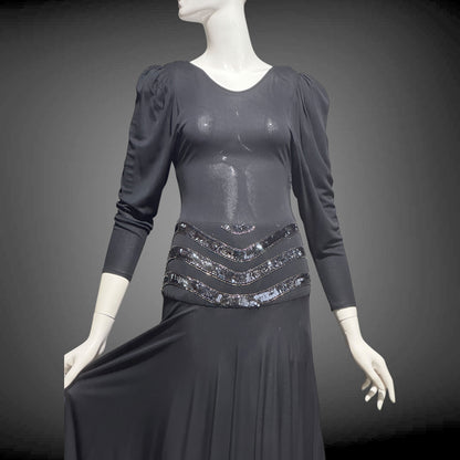 SAKS FIFTH AVENUE Made in England, 1970s evening dress, black jersey knit and sequins