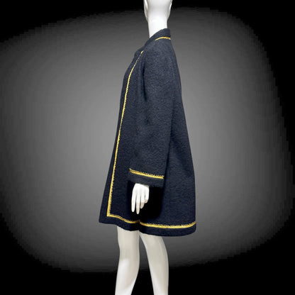 TRIGERE 1980s mohair swing coat, for SAKS 5th Ave Black mohair gold metallic cord