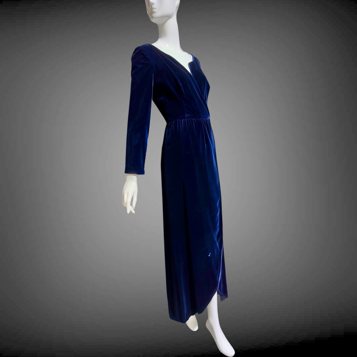 MOLLIE PARNIS vintage 1960s blue velvet wrap evening dress, Morty Sussman