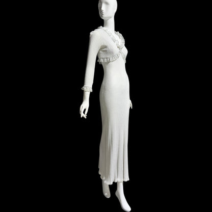 1970s vintage bodycon knit evening dress, Silver Metallic Lurex Sheath Maxi Dress