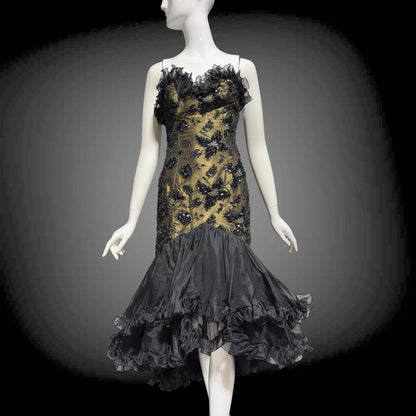 DAVID FIELDEN vintage 1980s evening dress, Party Dress, Black and Bronze All Silk Hi Low Ruffle dress