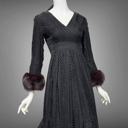 LILLIE RUBIN Vintage 1970s evening gown, Black eye lash Sparkly Gown with Fur Cuffs