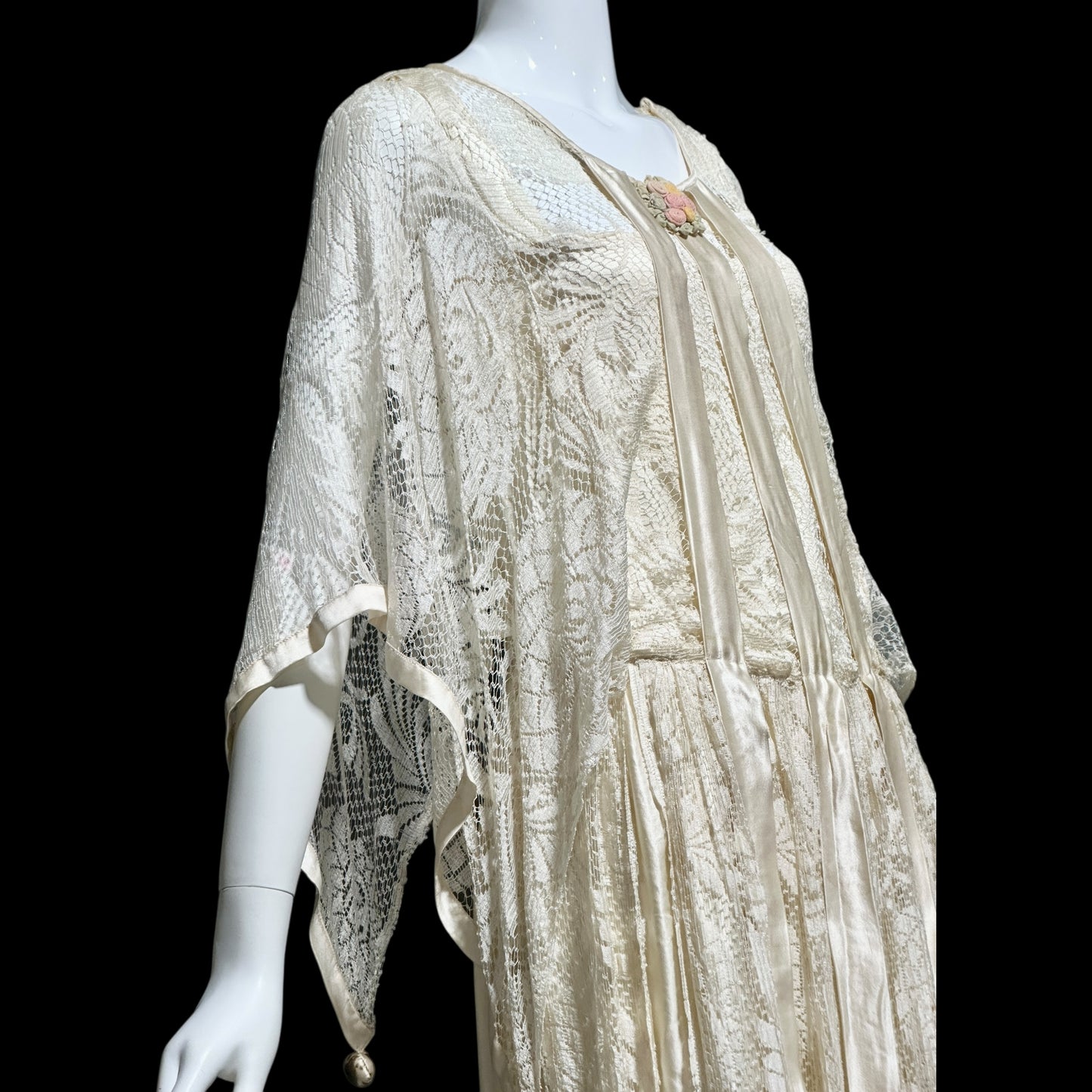 1920s Antique vintage wedding dress, Handmade candlelight white silk and lace slip dress with scarf sleeves, bridal flapper dress