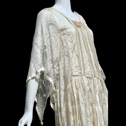 1920s Antique vintage wedding dress, Handmade candlelight white silk and lace slip dress with scarf sleeves, bridal flapper dress
