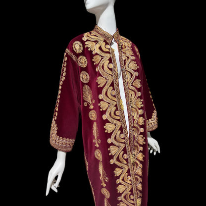 PROFILS du MONDE vintage Embroidered Moroccan kaftan,  1960s evening maxi coat dress, Beverly Hills Ruby Red velvet gold metallic