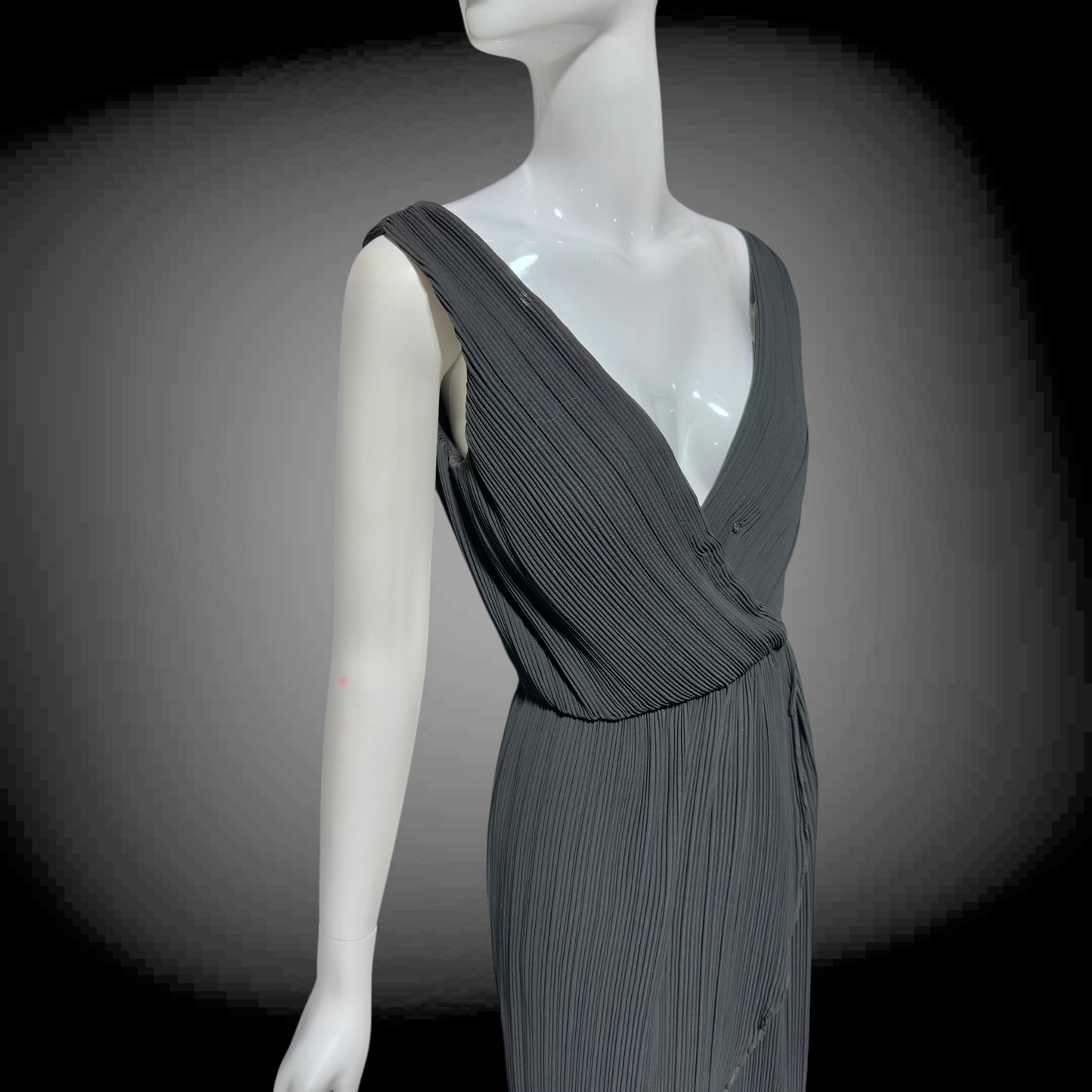 MARSHALL ROUSSO Las Vegas, vintage 1970s evening dress, black pleated plisse wrap front grecian goddess gown