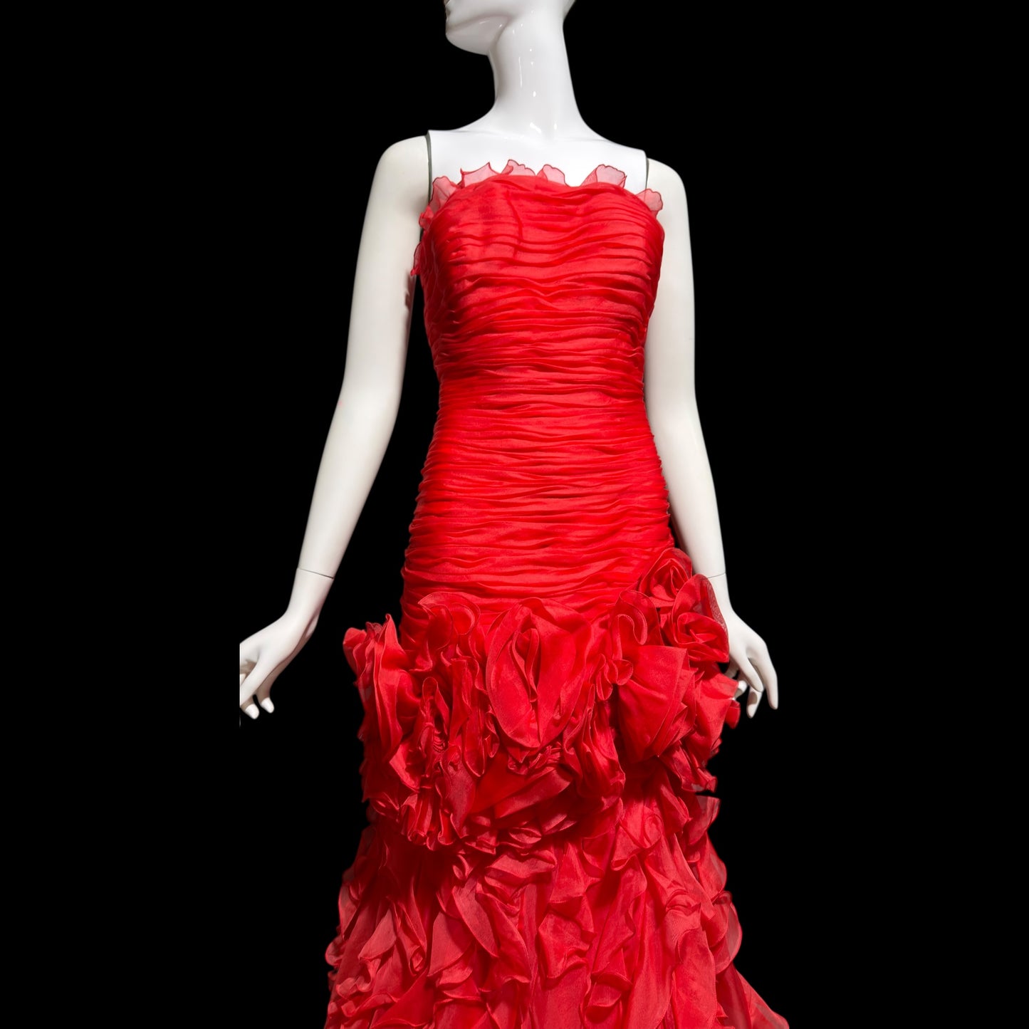 BELLVILLE SASSOON Lorcan Mullany, vintage 1980s evening dress, Red mermaid sheath gown, strapless tiered ruffles with matching bolero