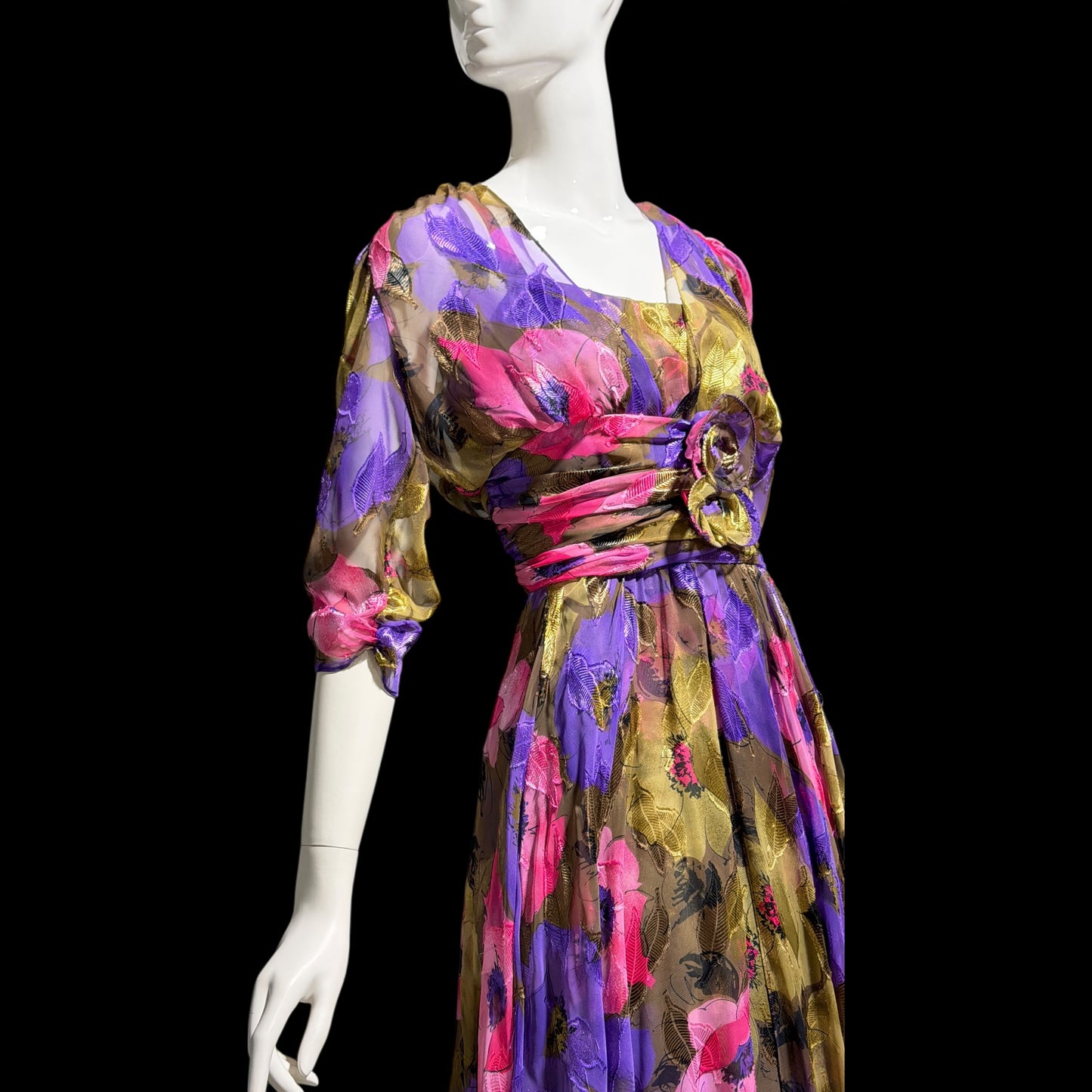 FRANK USHER LONDON, vintage 1970s evening dress, jewel tone floral chiffon with gold metallic