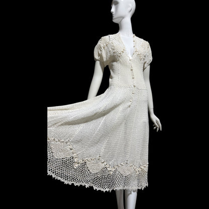 1970s vintage white crochet dress, all cotton blouson shirtdress, midi length