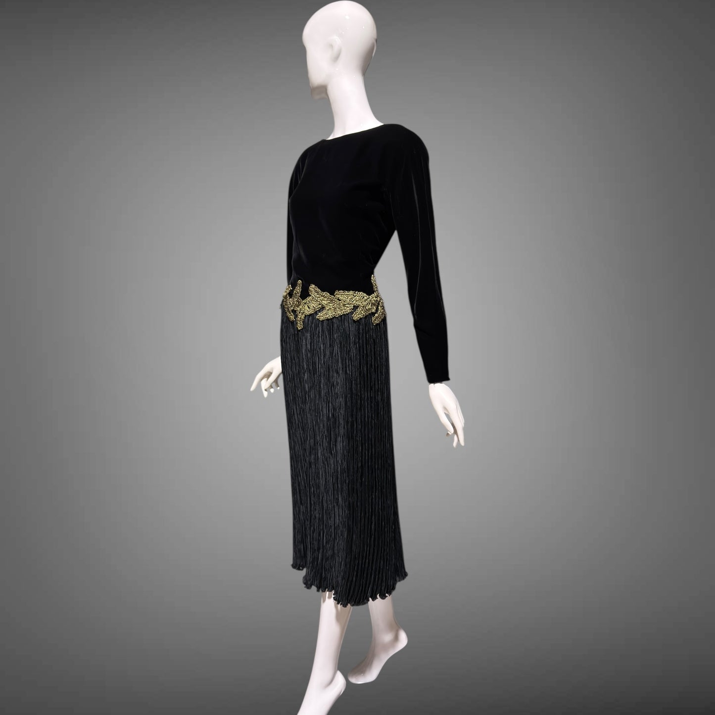 MARY MCFADDEN vintage evening dress, 1980s Designer Glam Black velvet plisse cocktail party dress
