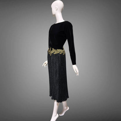 MARY MCFADDEN vintage evening dress, 1980s Designer Glam Black velvet plisse cocktail party dress