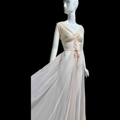 ODETTE BARSA vintage 1940s nightgown slip dress, Sheer pale pink with white lace full sweep Old Hollywood gown