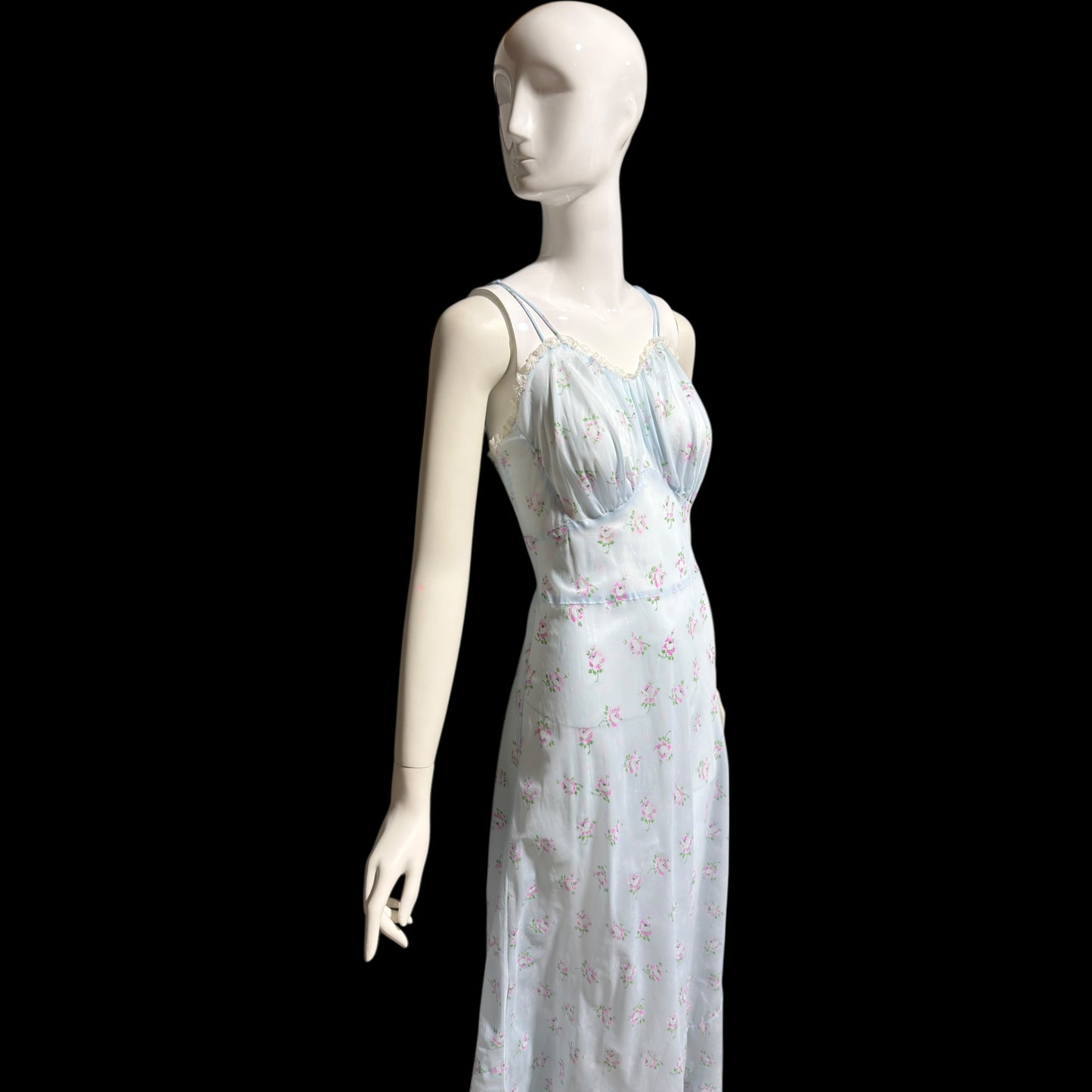 ALBERTA vintage 1940s nightgown slip dress, Sheer dusty blue with with pink rosebuds, Old Hollywood full length gown