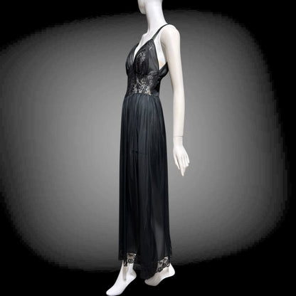 Rogers vintage 1950s Black Lace Nylon Nightgown Lingerie Slip Dress