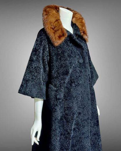 LILLI ANN 1950s vintage swing coat, Black boucle evening swing coat with mink collar