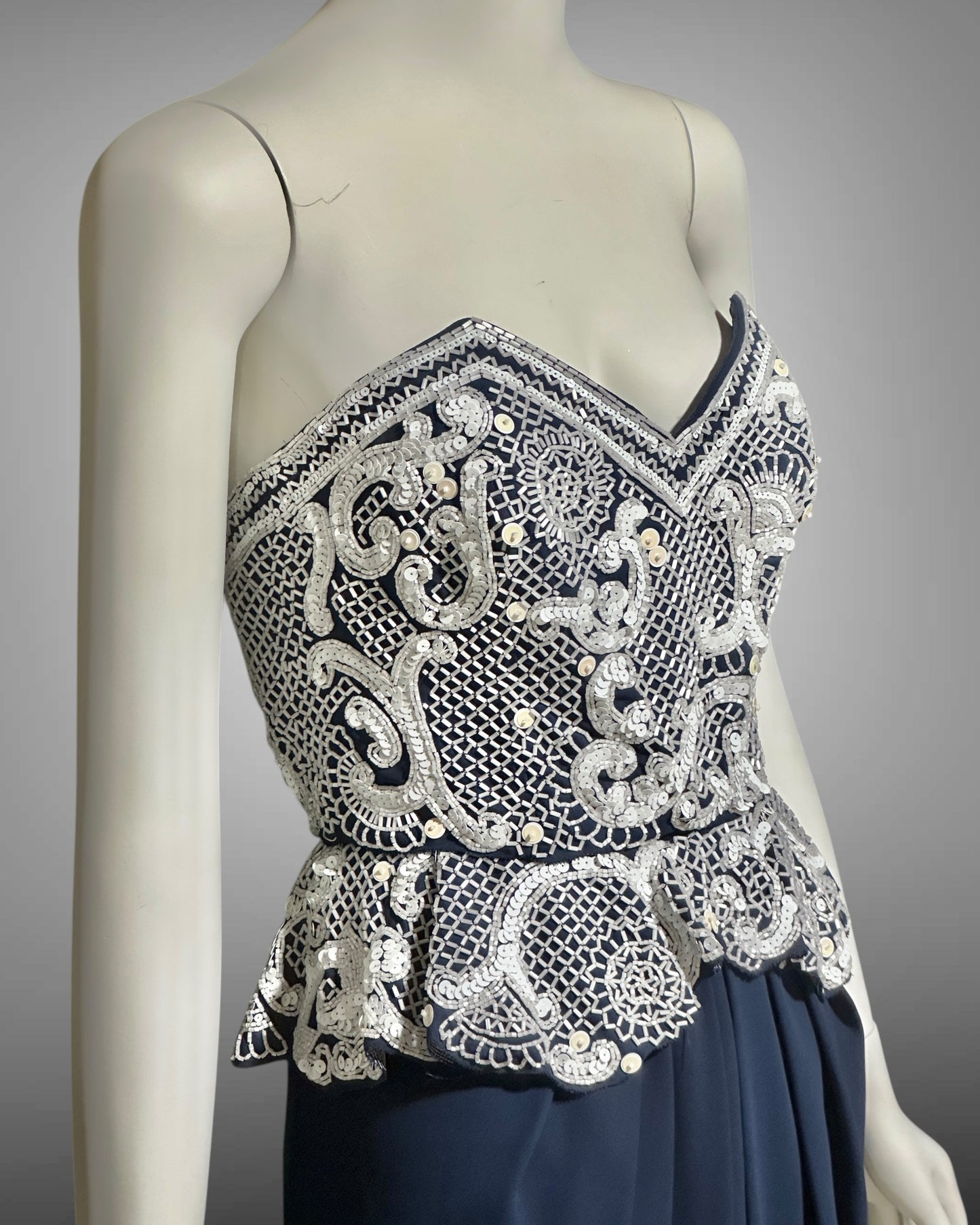 FABRICE SILHOUETTE 1980s vintage evening dress, Navy Blue and white beads and sequins strapless peplum formal gown