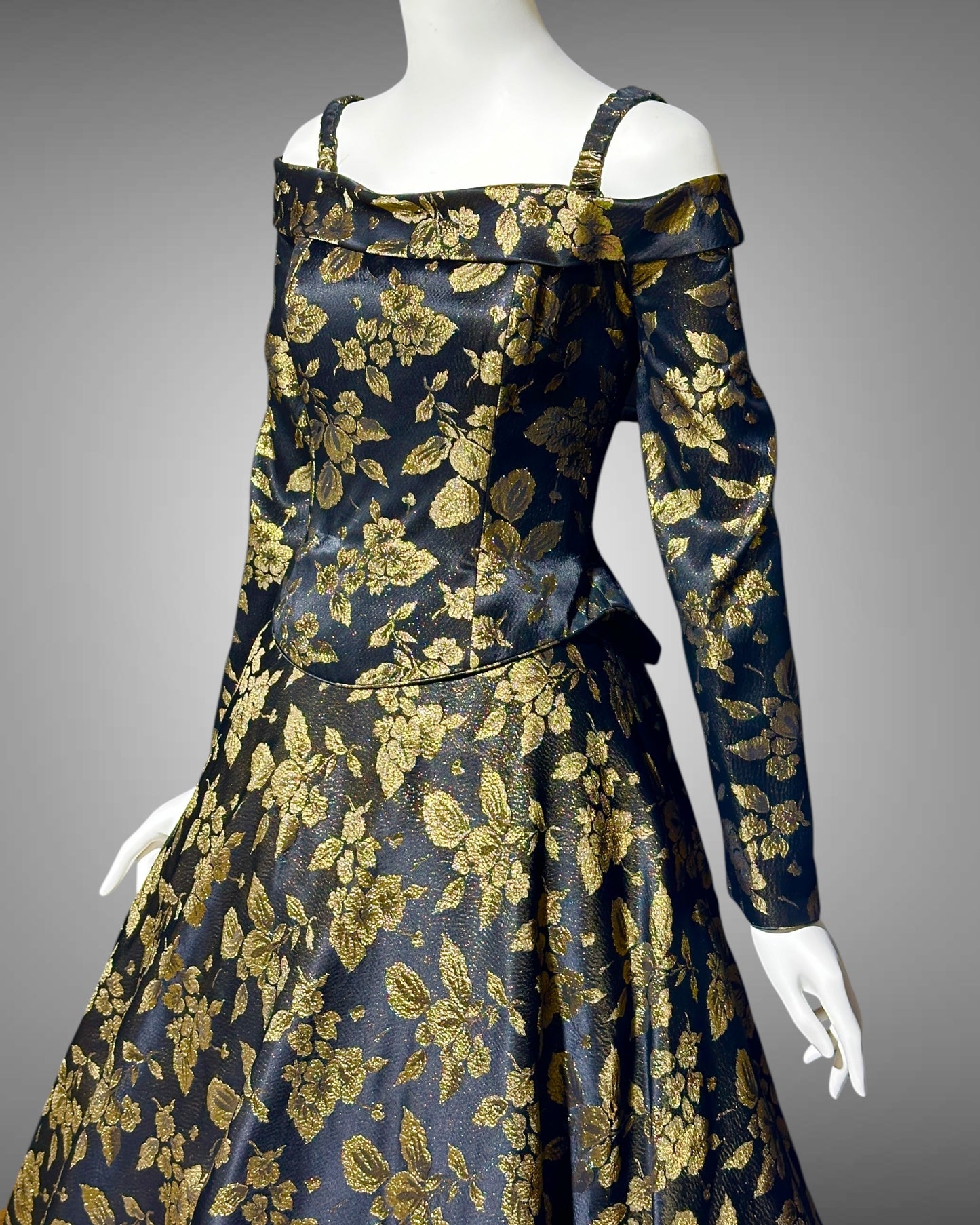 CHRIS KOLE 1980s vintage evening dress, Black and gold damask, long sleeve off the shoulder ball gown