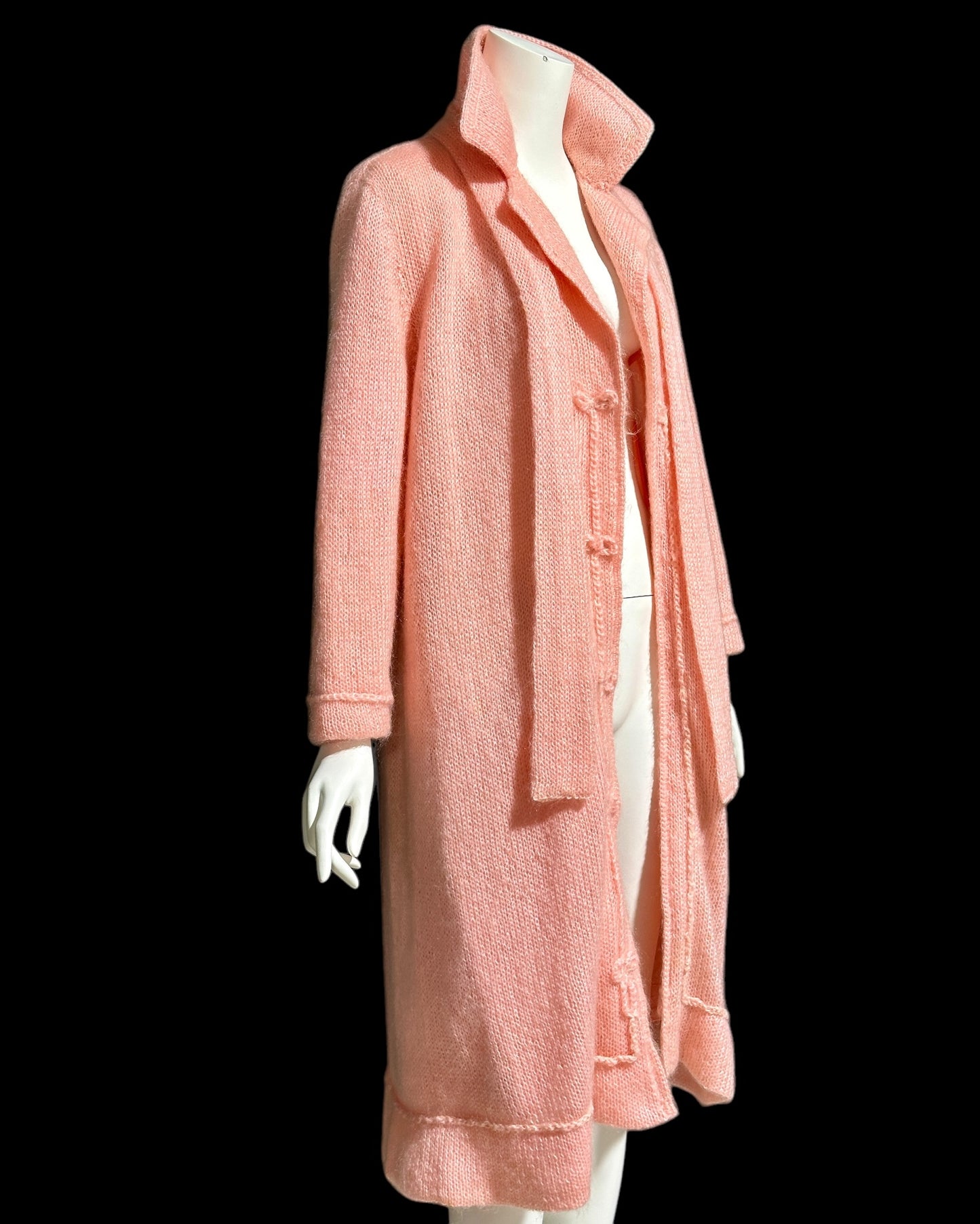 1960s vintage pink mohair coat, Mid Century stroller length open front coat