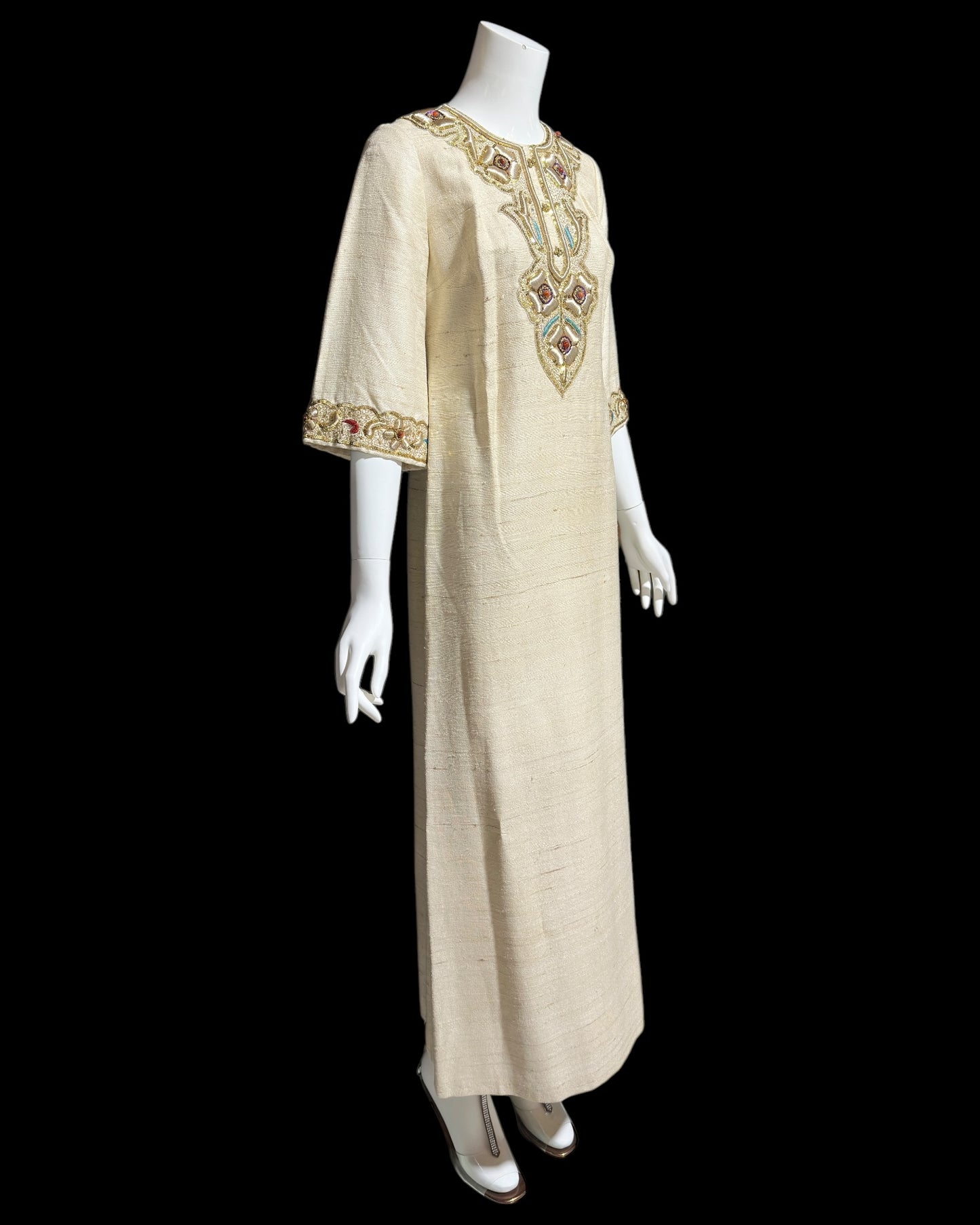 1960s vintage raw silk caftan dress, Custom made zardozi style embroidered Kaftan beaded evening gown