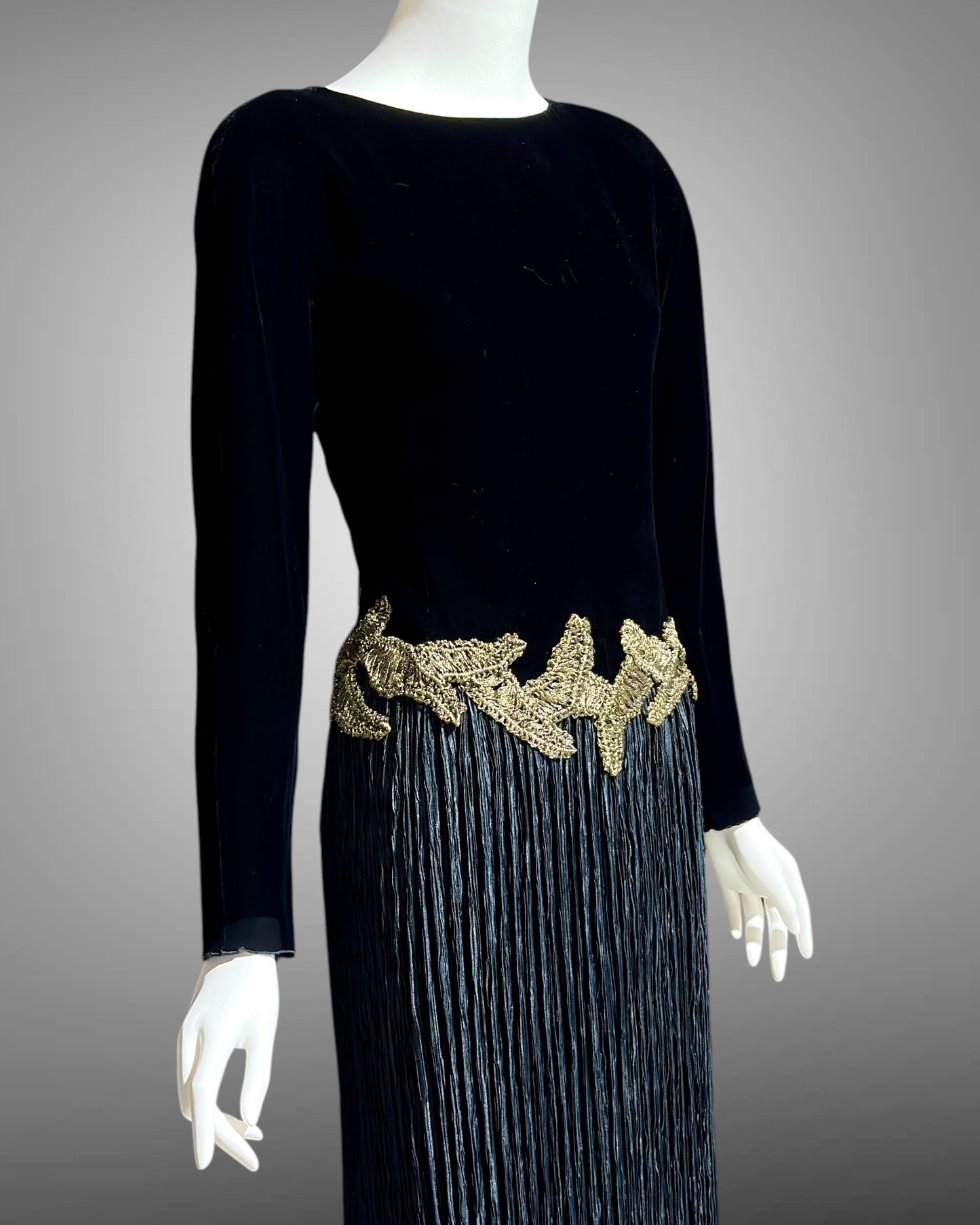 Mary McFadden evening dress, 1980s Black velvet fortuny pleats plisse cocktail party dress, SUITE 101 Beverly Hills