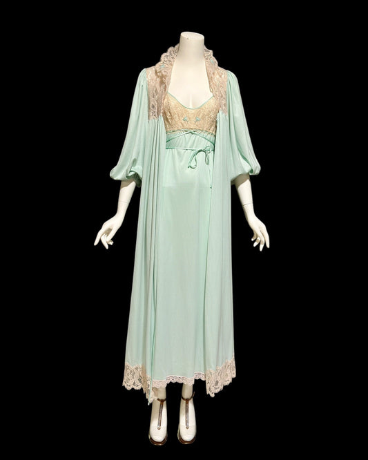 CLAIRE SANDRA Lucie Ann, Neiman Marcus, 1960s vintage nightgown robe set, seafoam green peignoir set, slip dress and housecoat