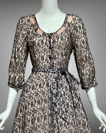 FLOBERT vintage 1940s black lace dressing gown robe, sheer black lace with pink ribbon trim