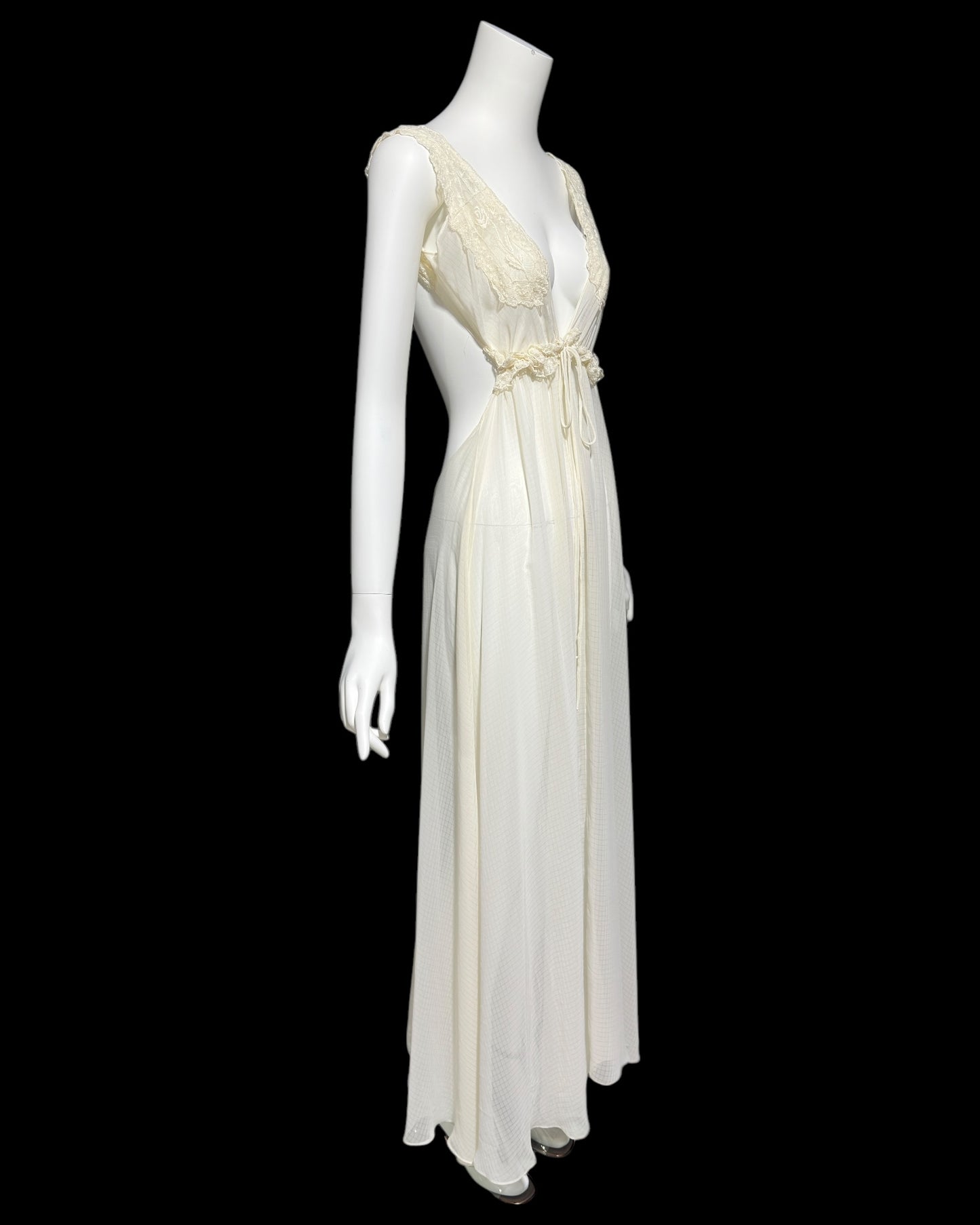 BONNIE STRAUSS vintage nightgown dressing gown set, 1980s completely sheer almond white backless robe and slip dress set