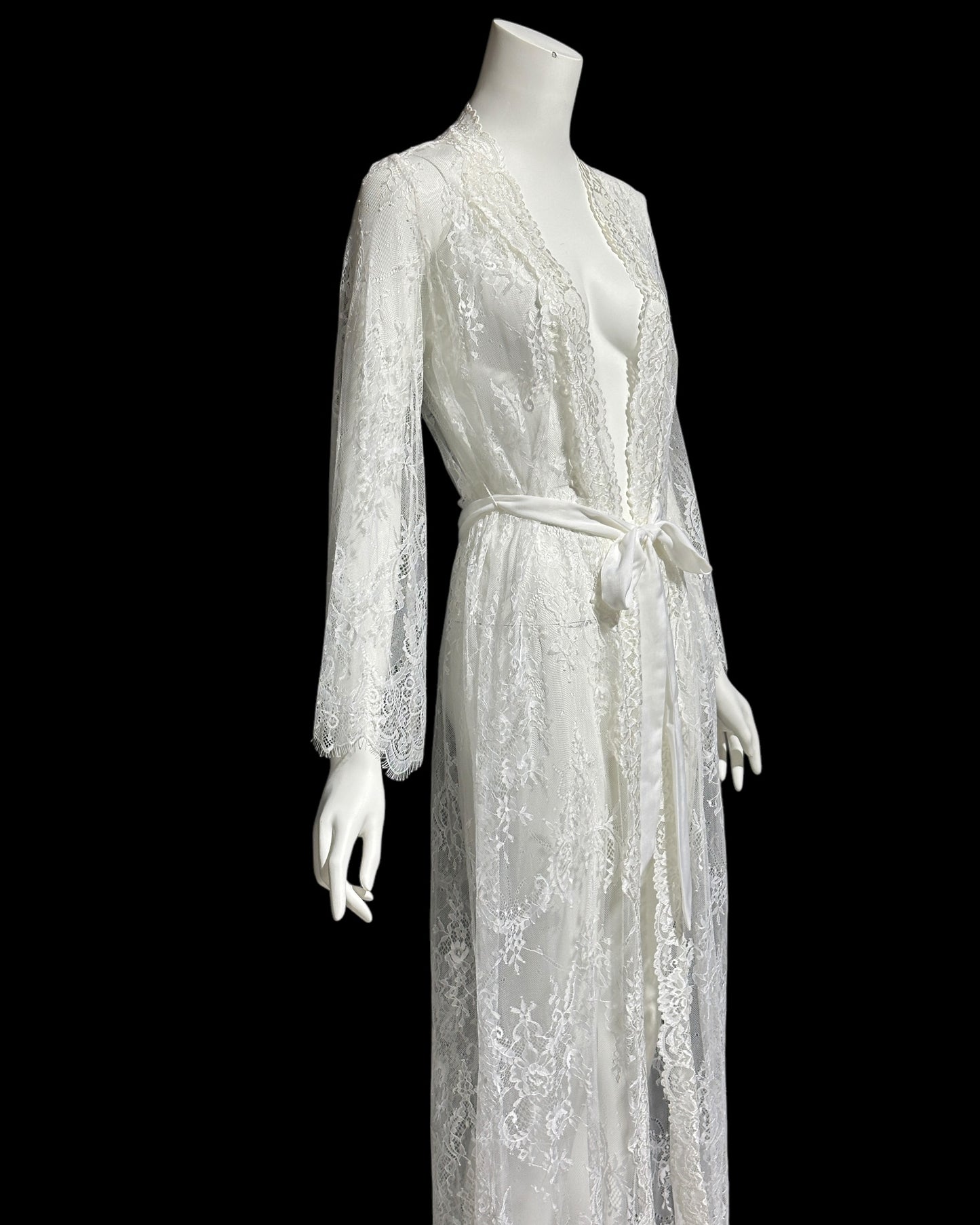 JONQUIL Diane Samandi, 1990s sheer white lace robe, see through feather weight white wrap dressing gown