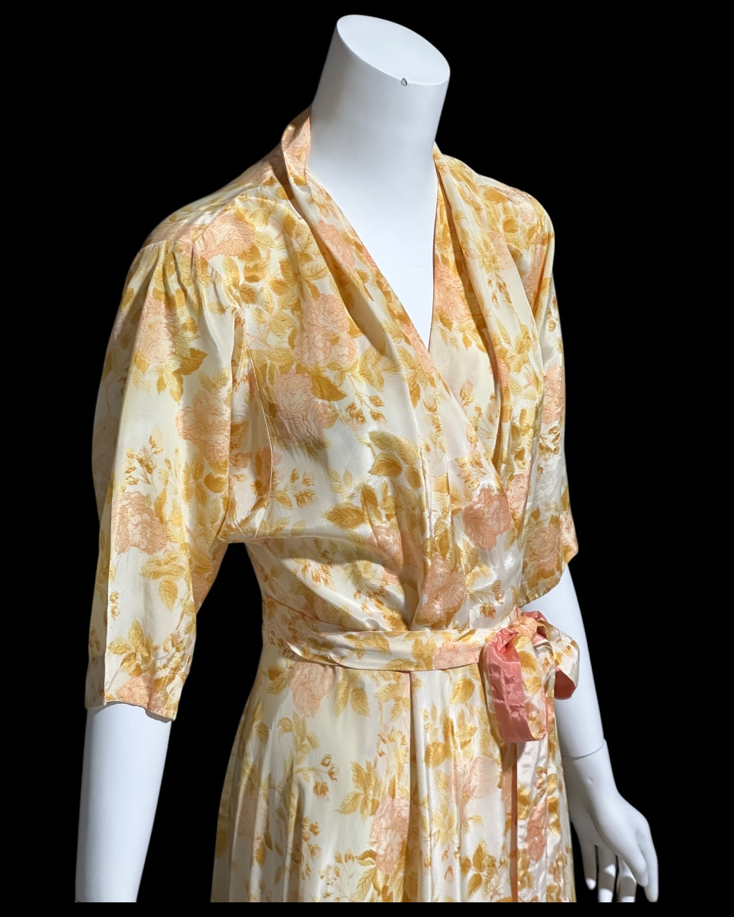 EVELYN PEARSON, vintage 1940s dressing gown robe, gold and pink floral wrap housecoat