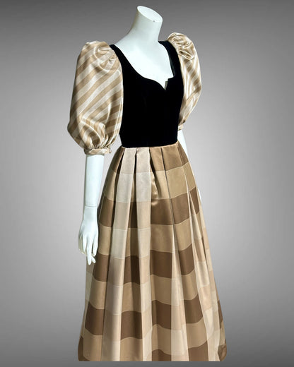 ANDRE LAUG vintage evening ball gown, 1970s Silk formal dress, black velvet brown mocha puffed sleeves