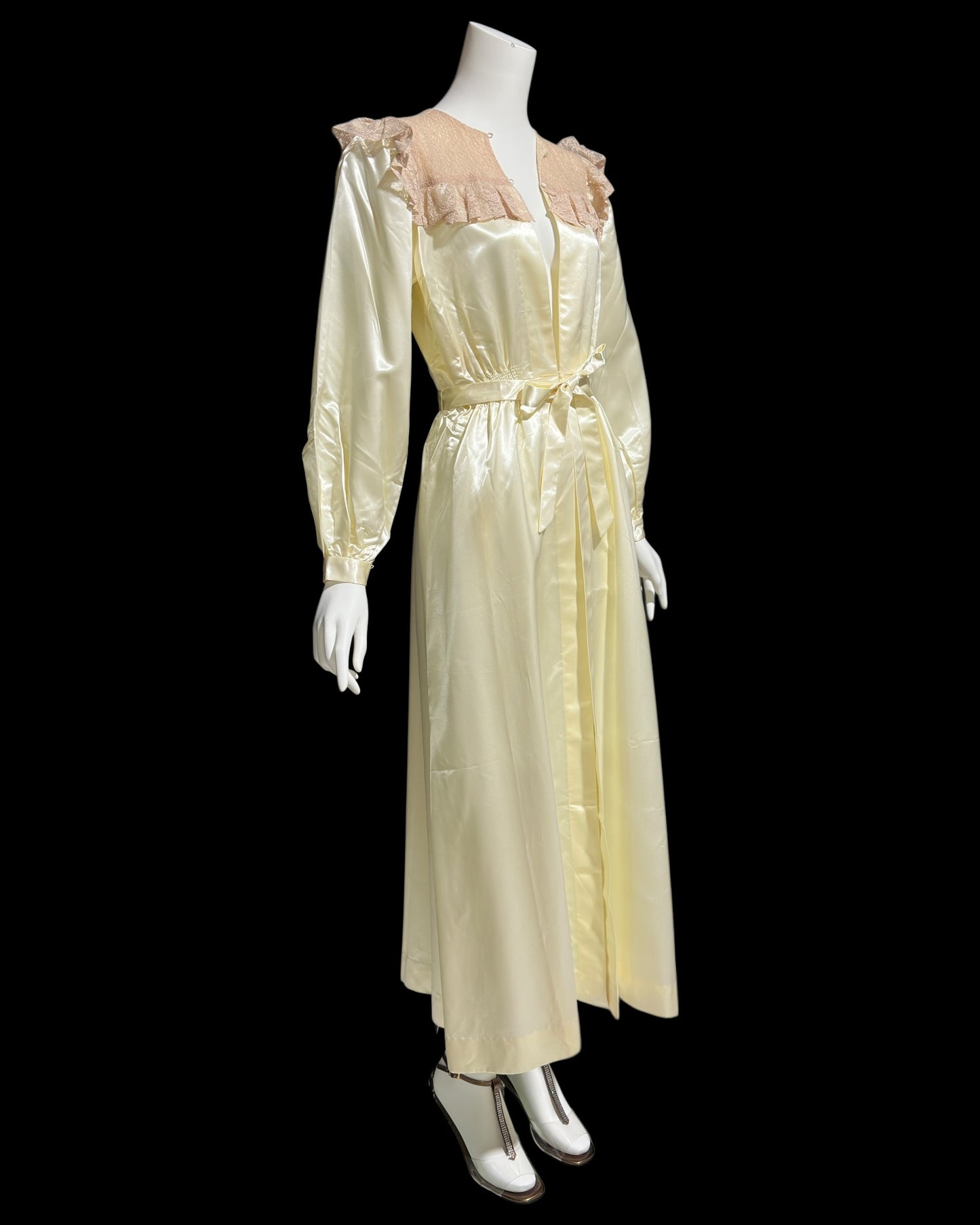 1930s vintage satin dressing gown robe, shiny candlelight and pink lace peignoir housecoat