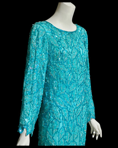 1980s Vintage Turquoise blue silk beaded full length sheath evening gown, Silver beads long sleeves and sequins