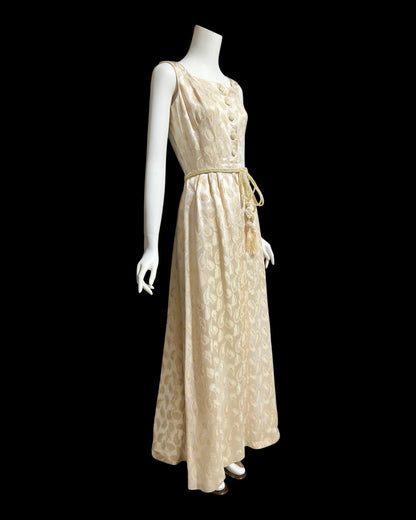 B. COHEN vintage 1940s silk dressing evening gown, house dress, ivory gold metallic feather button front
