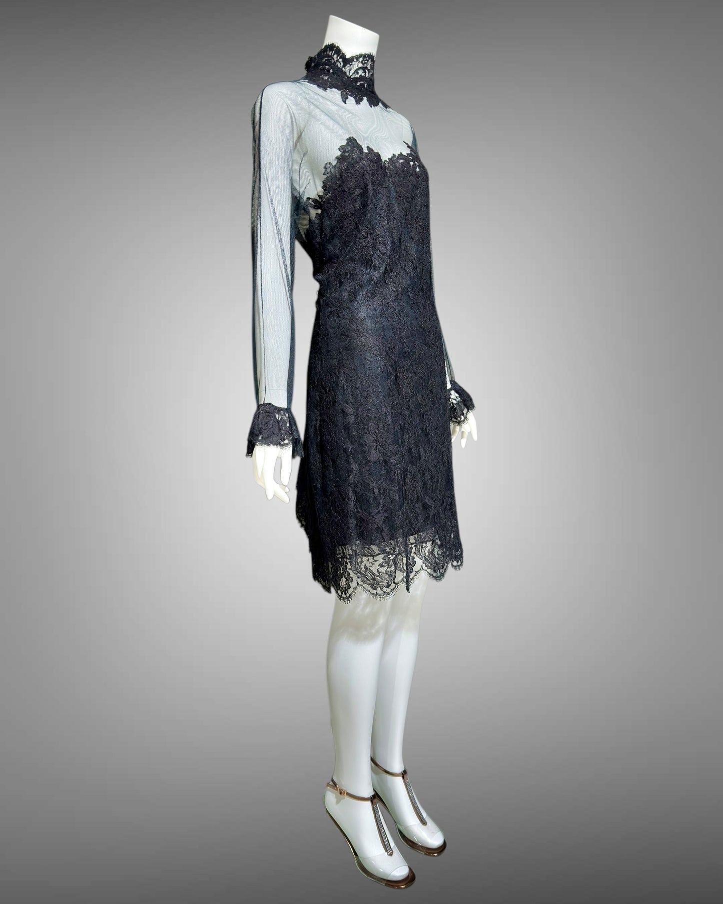 JOHN ANTHONY evening dress, vintage 1980s black sheer floral lace little black dress