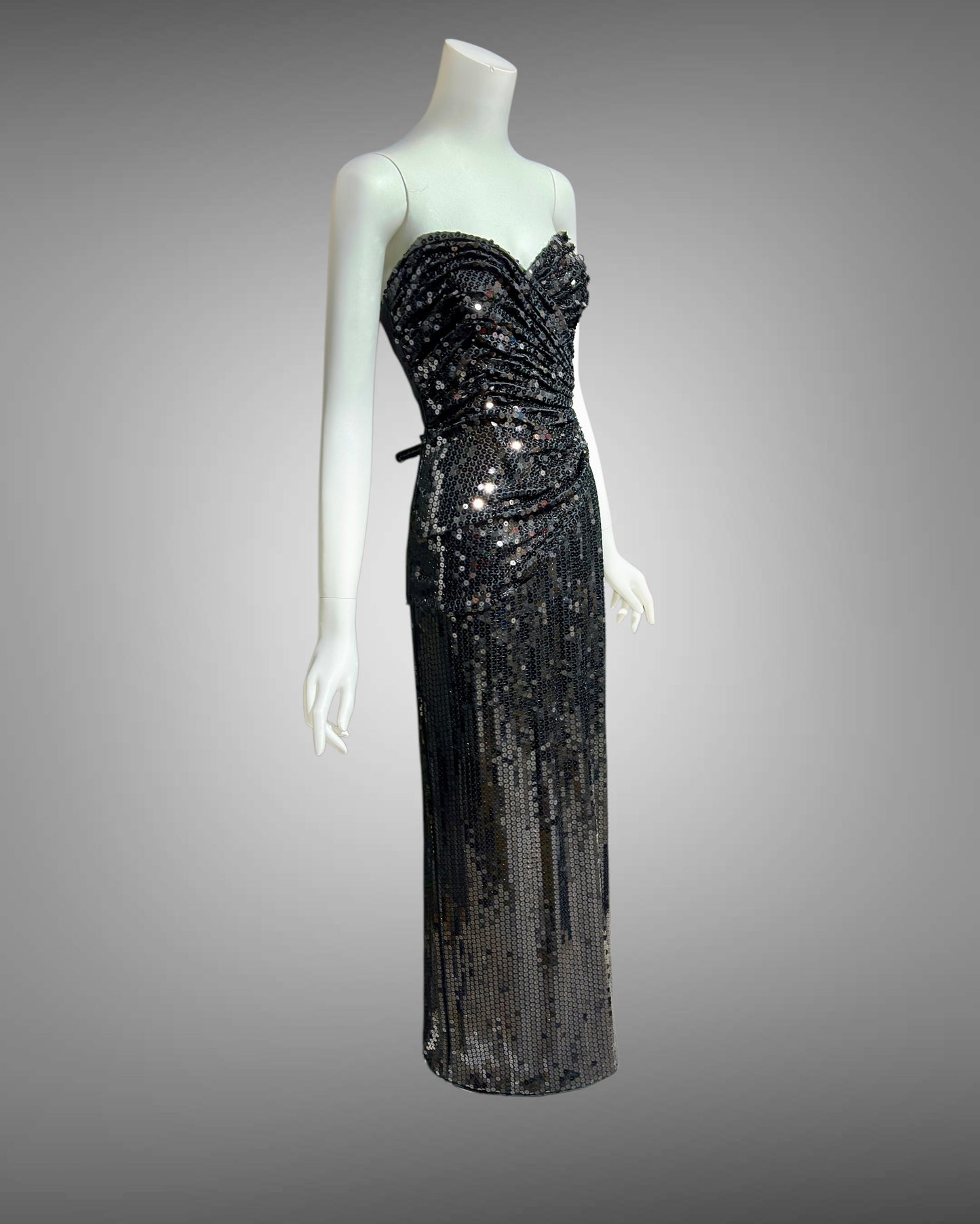 TADASHI vintage evening dress gown, 1980s all over black sequin, strapless ruched bodice