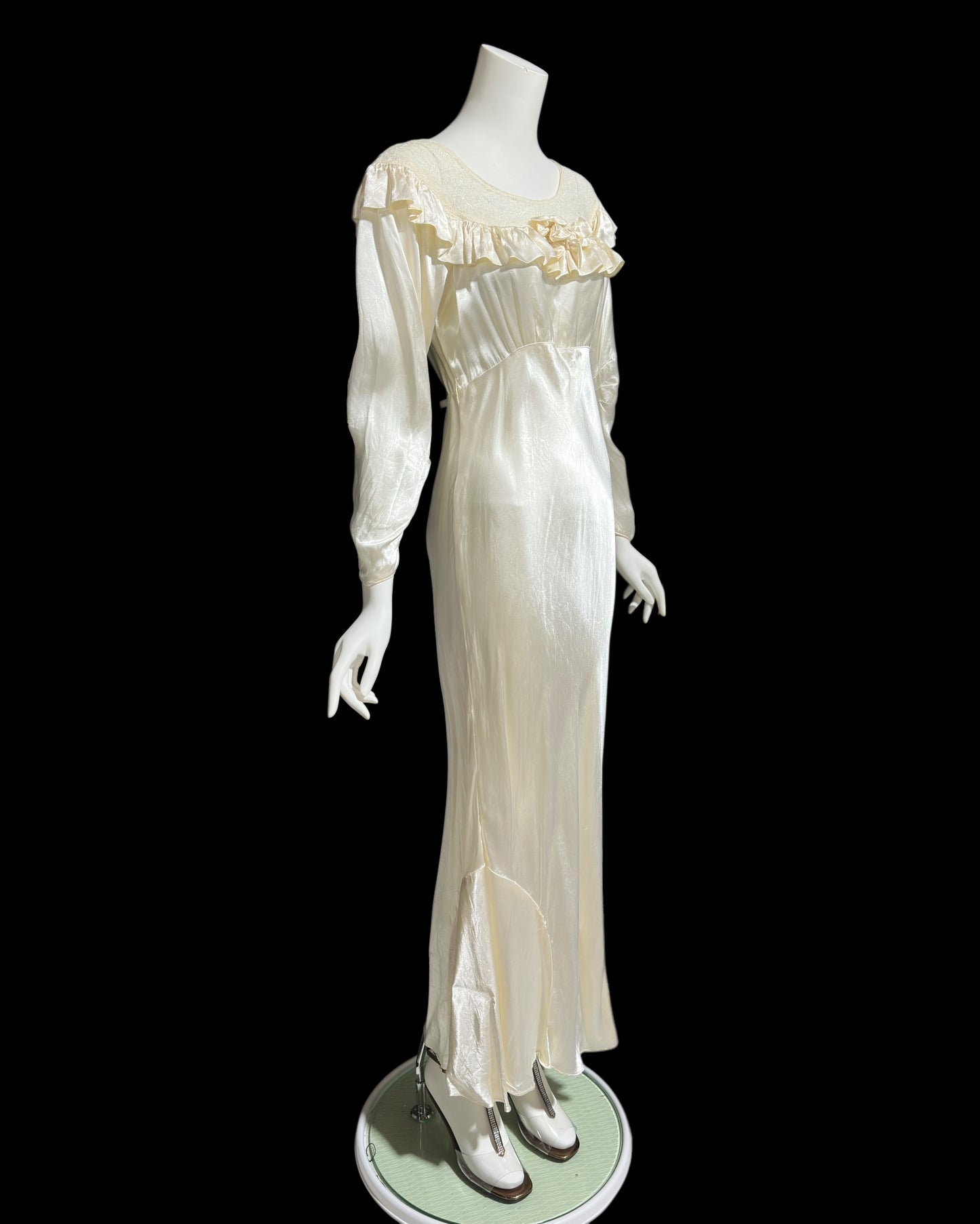 1930s vintage liquid satin wedding dress, shiny bias cut sheath bridal gown, full length gown with sleeves