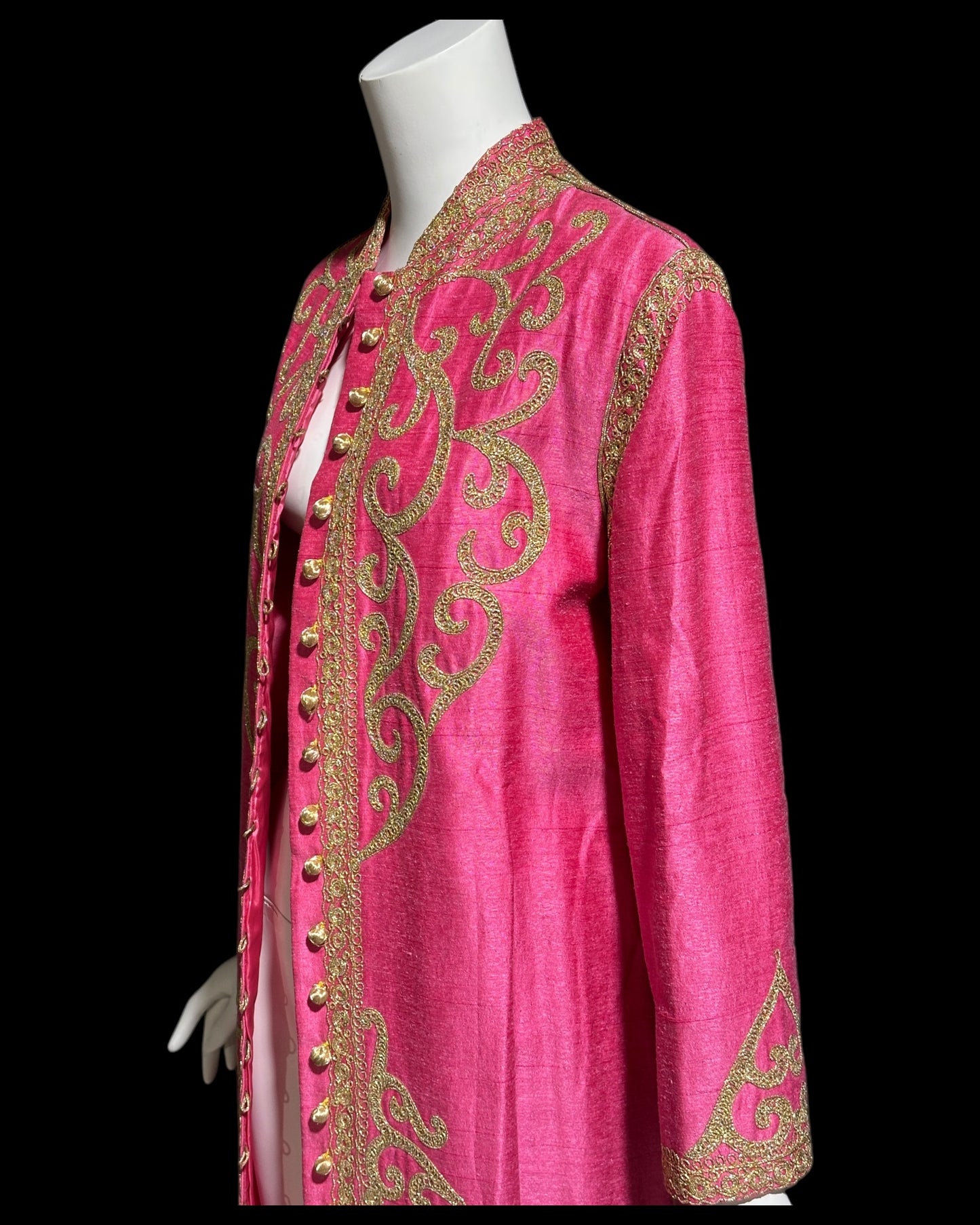 MOROCCAN KAFTAN vintage 1960s raw silk caftan evening dress, Hand Made Hot Pink and gold metallic