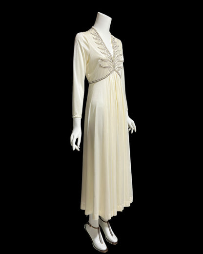 JACK BRYAN, vintage 1970s white jersey knit evening wedding dress with beaded bodice