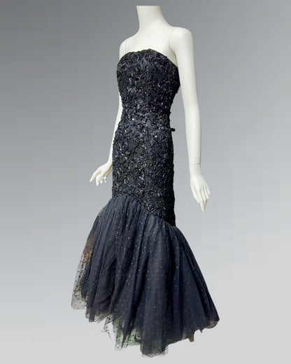 DAVID FIELDEN, 1980s Neiman Marcus, Black lace Mermaid sequin gown