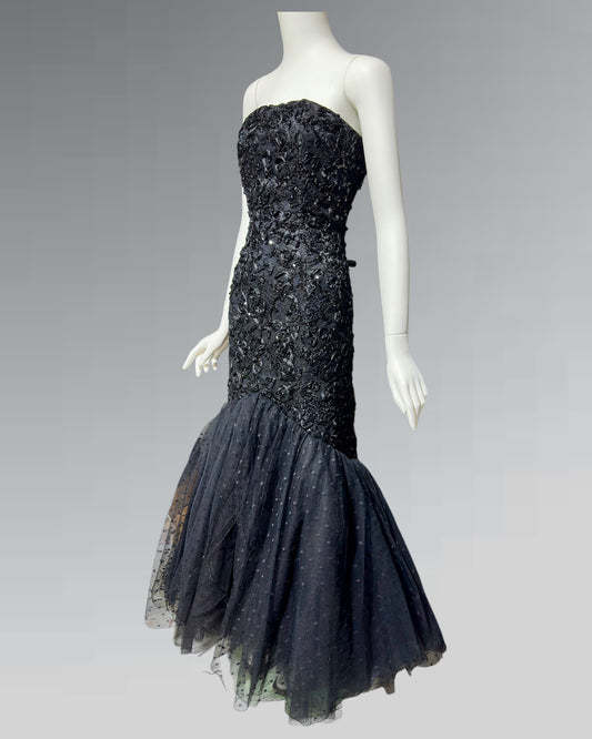 DAVID FIELDEN, 1980s Neiman Marcus, Black lace Mermaid sequin gown