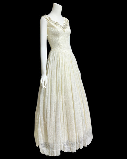 1940s vintage white lace wedding bridal dress, beaded full length bridal ball gown