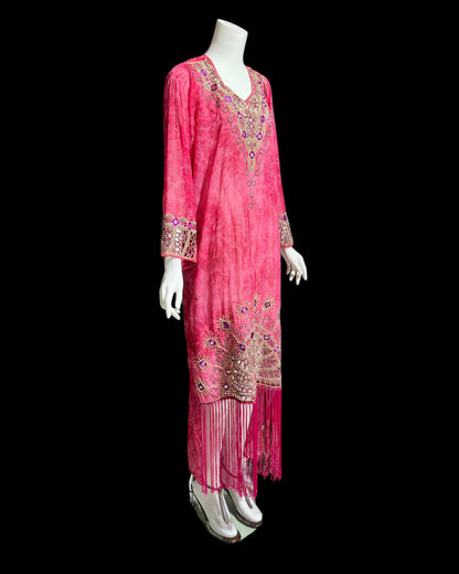 I MAGNIN, vintage 1980s caftan dress, embroidery, beaded, mirrors & cut work, sheer pink evening kaftan gown with Fringe