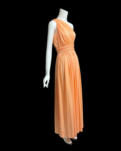 OLE BORDEN for Lillie Rubin, 1970s peach one shoulder evening gown, draped pleated grecian goddess gown