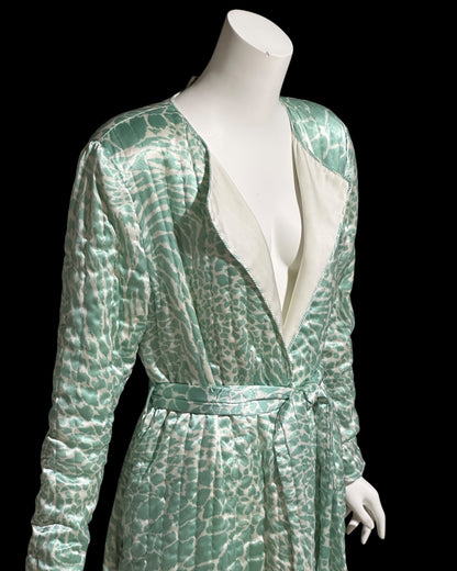 MARY MCFADDEN 1980s vintage robe housecoat, celadon green wrap front quilted dressing gown