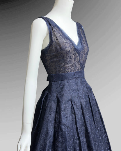 OLDRIC ROYCE by Tony Abate, vintage 1950s evening cocktail dress, navy organza fit and flare party dress