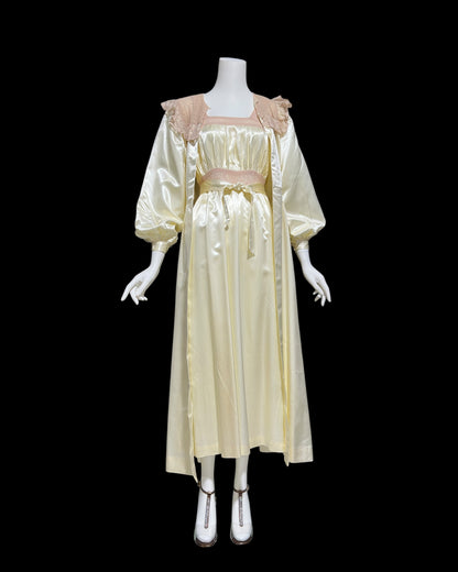 1930s vintage nightgown robe set, candlelight cream and old rose shiny night dress bridal trousseau