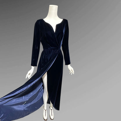 MOLLIE PARNIS vintage 1960s blue velvet wrap evening dress, Morty Sussman