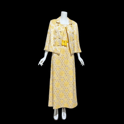 MOLLIE PARNIS Nan Duskin 1960s vintage evening dress, gold floral silk damask 2 pc gown and matching coat ensemble