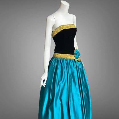 EUGENE ALEXANDER for Neiman Marcus, 1980s evening dress, black & teal rosette ball gown