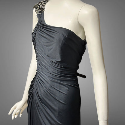 EUGENE ALEXANDER, vintage 1980s evening dress, Slinky Black sheath One Shoulder Grecian Goddess gown